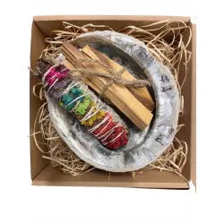Prezent: Muszla Abalone duża + Palo Santo + Biała szałwia z kwiatami