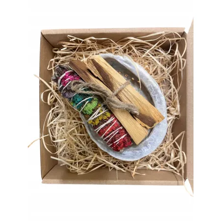 Prezent: Muszla Abalone średnia + Palo Santo + Biała szałwia z kwiatami
