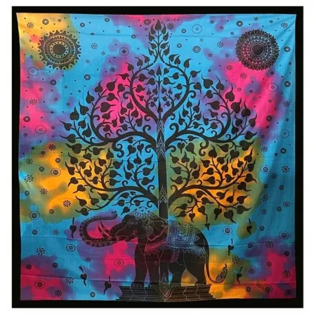 INDYJSKA NARZUTA MANDALA na ścianę GOBELIN bawełna 210x240cm drzewo i słoń